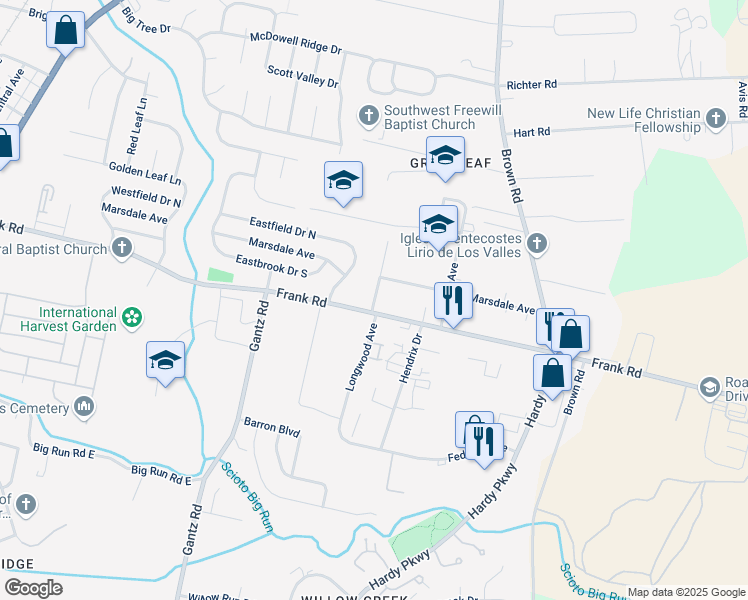 map of restaurants, bars, coffee shops, grocery stores, and more near 1590 Frank Road in Columbus