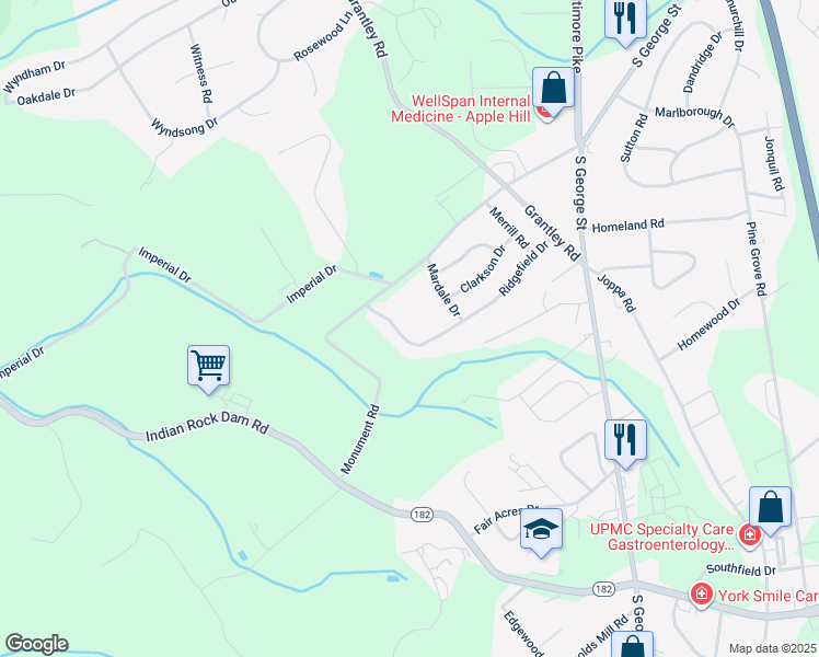 map of restaurants, bars, coffee shops, grocery stores, and more near 197 Ridgefield Drive in York