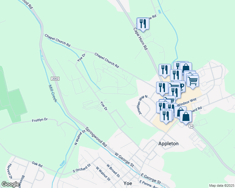 map of restaurants, bars, coffee shops, grocery stores, and more near Cadbury Drive in York County