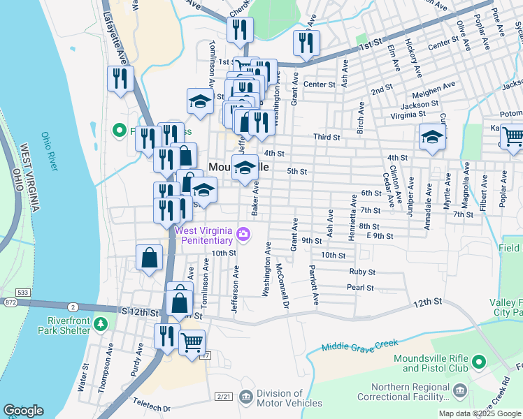 map of restaurants, bars, coffee shops, grocery stores, and more near 700 Baker Ave in Moundsville