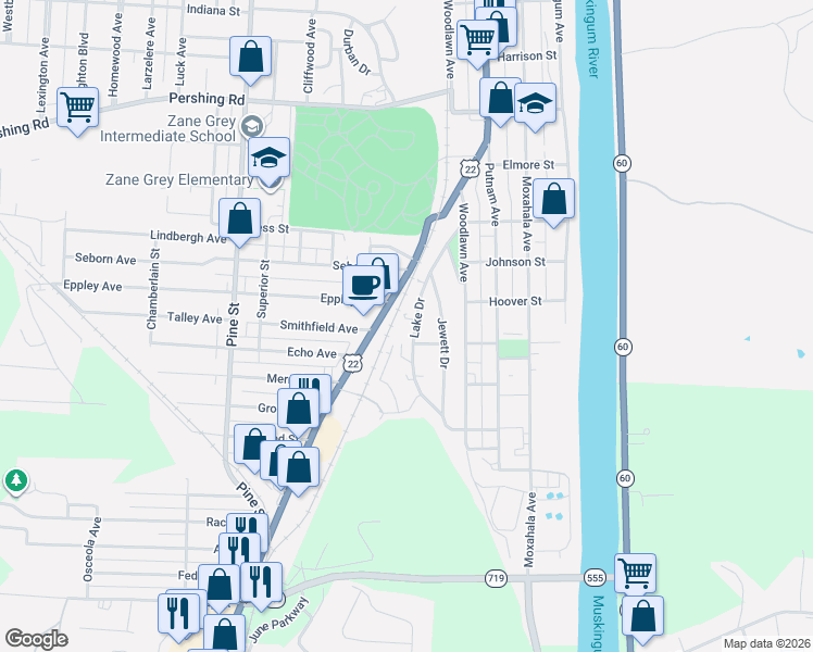 map of restaurants, bars, coffee shops, grocery stores, and more near 1330 Lake Drive in Zanesville