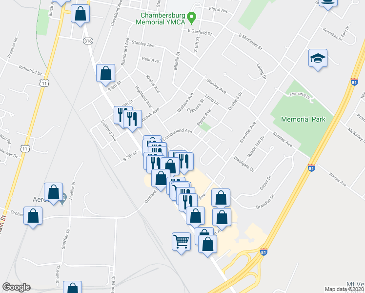 map of restaurants, bars, coffee shops, grocery stores, and more near 43 William Penn Drive in Chambersburg