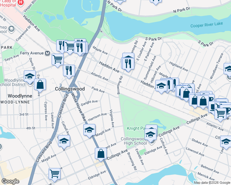 map of restaurants, bars, coffee shops, grocery stores, and more near 127 West Browning Road in Collingswood