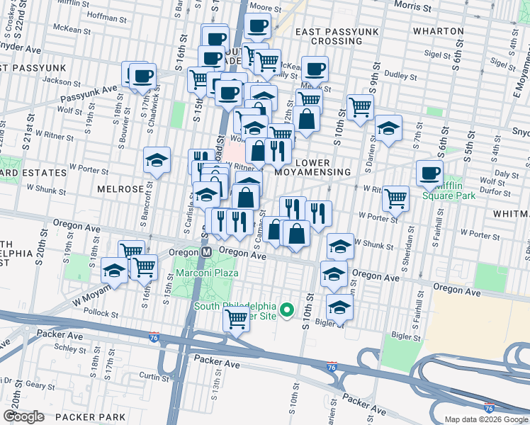 map of restaurants, bars, coffee shops, grocery stores, and more near 2526 South Camac Street in Philadelphia
