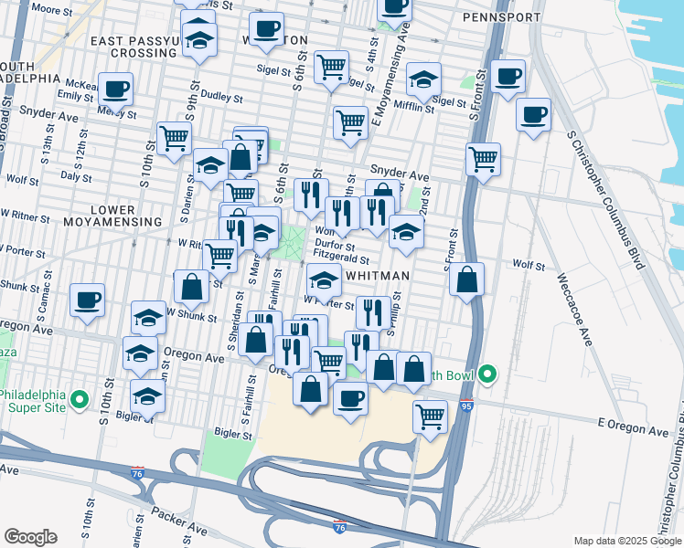 map of restaurants, bars, coffee shops, grocery stores, and more near 356 West Ritner Street in Philadelphia
