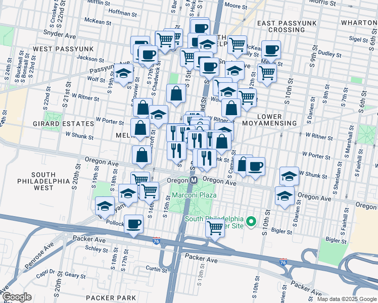 map of restaurants, bars, coffee shops, grocery stores, and more near 1413 West Shunk Street in Philadelphia