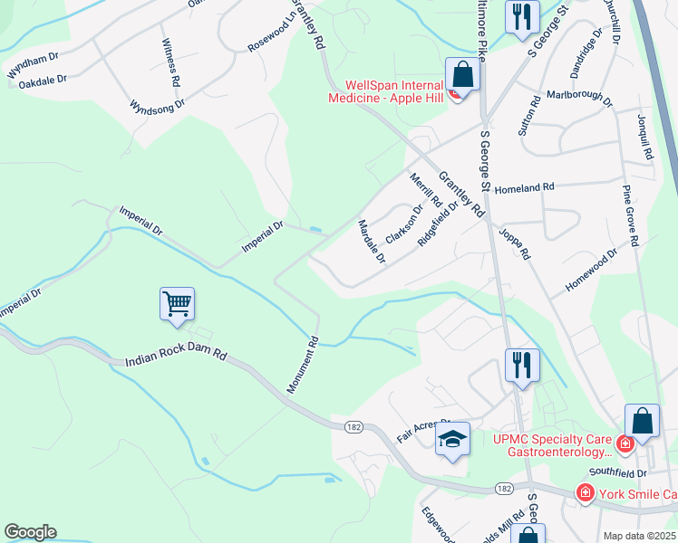 map of restaurants, bars, coffee shops, grocery stores, and more near 197 Ridgefield Drive in York