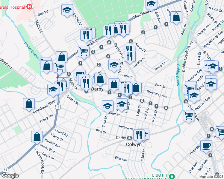 map of restaurants, bars, coffee shops, grocery stores, and more near 9 Summit Street in Darby