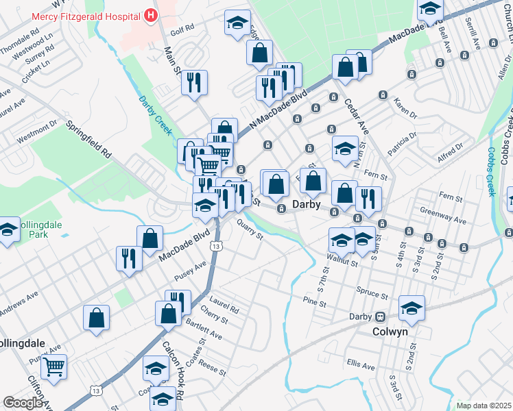 map of restaurants, bars, coffee shops, grocery stores, and more near 890 Main St in Darby