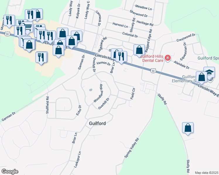 map of restaurants, bars, coffee shops, grocery stores, and more near 270 Overhill Drive in Chambersburg