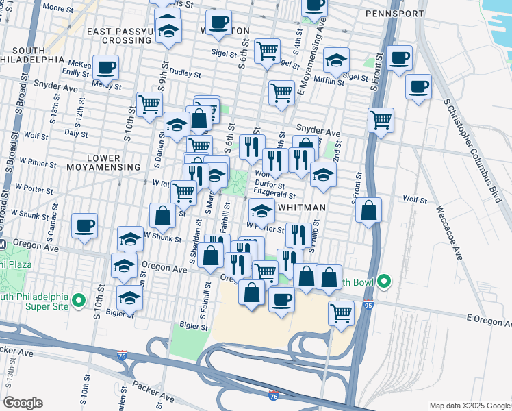 map of restaurants, bars, coffee shops, grocery stores, and more near 2409 South Orkney Street in Philadelphia
