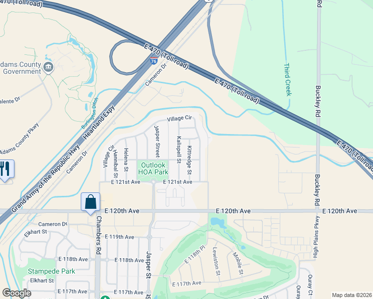 map of restaurants, bars, coffee shops, grocery stores, and more near 12216 Kalispell Street in Brighton