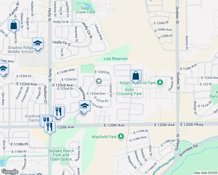 map of restaurants, bars, coffee shops, grocery stores, and more near 12215 Locust Street in Brighton