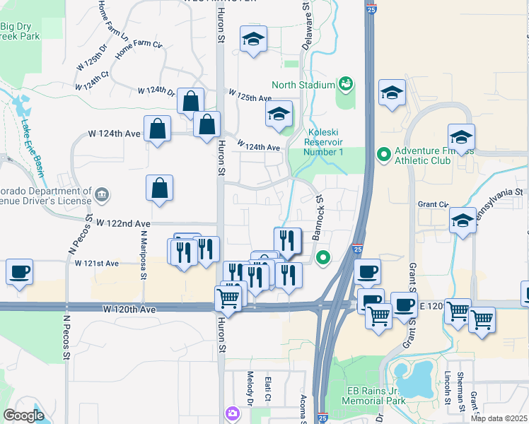 map of restaurants, bars, coffee shops, grocery stores, and more near 12180 Melody Drive in Westminster