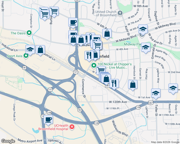 map of restaurants, bars, coffee shops, grocery stores, and more near 1551 U.S. 287 in Broomfield