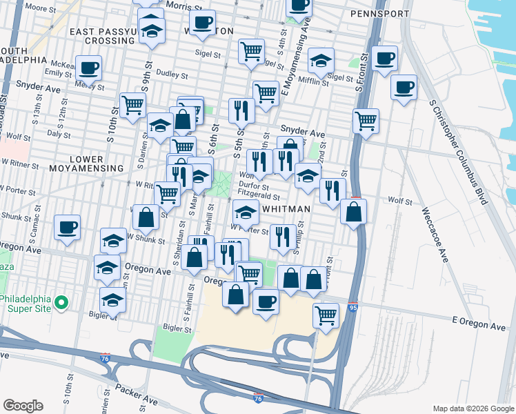 map of restaurants, bars, coffee shops, grocery stores, and more near 2424 South 4th Street in Philadelphia
