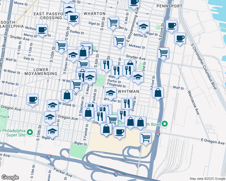 map of restaurants, bars, coffee shops, grocery stores, and more near 2424 South 4th Street in Philadelphia