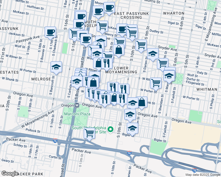map of restaurants, bars, coffee shops, grocery stores, and more near 2537 South Sartain Street in Philadelphia