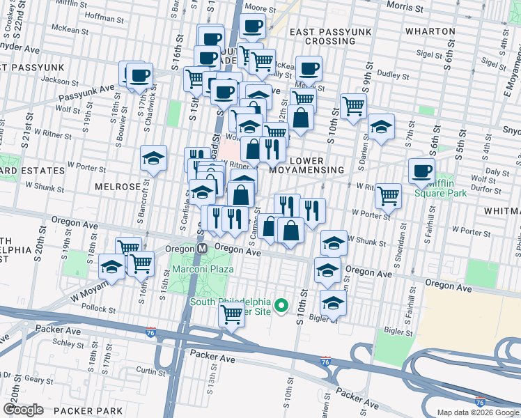 map of restaurants, bars, coffee shops, grocery stores, and more near 2526 South Camac Street in Philadelphia