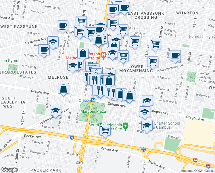 map of restaurants, bars, coffee shops, grocery stores, and more near 1311 West Moyamensing Avenue in Philadelphia
