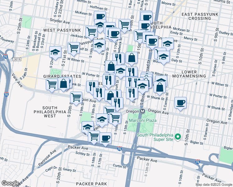 map of restaurants, bars, coffee shops, grocery stores, and more near 2607 South Bancroft Street in Philadelphia