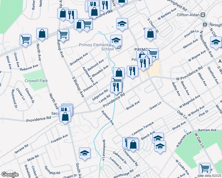 map of restaurants, bars, coffee shops, grocery stores, and more near 1000 Lamb Road in Upper Darby