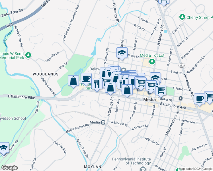 map of restaurants, bars, coffee shops, grocery stores, and more near in Media