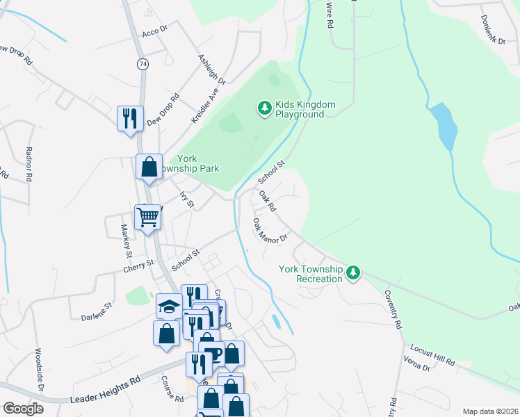 map of restaurants, bars, coffee shops, grocery stores, and more near 200 Oak Manor Drive in York