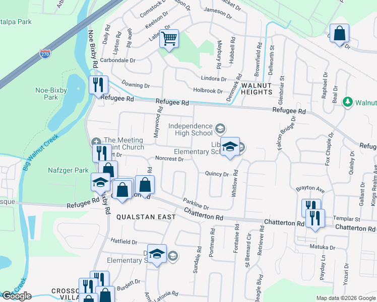 map of restaurants, bars, coffee shops, grocery stores, and more near 5112 Norcrest Drive in Columbus