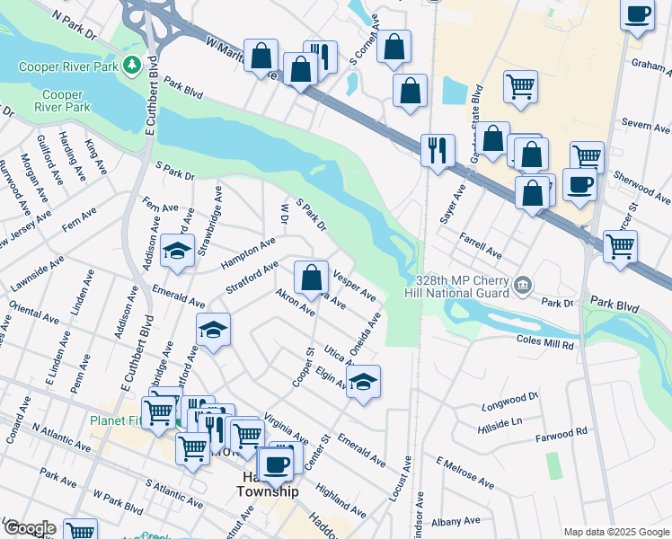 map of restaurants, bars, coffee shops, grocery stores, and more near 105 Vesper Avenue in Haddon township