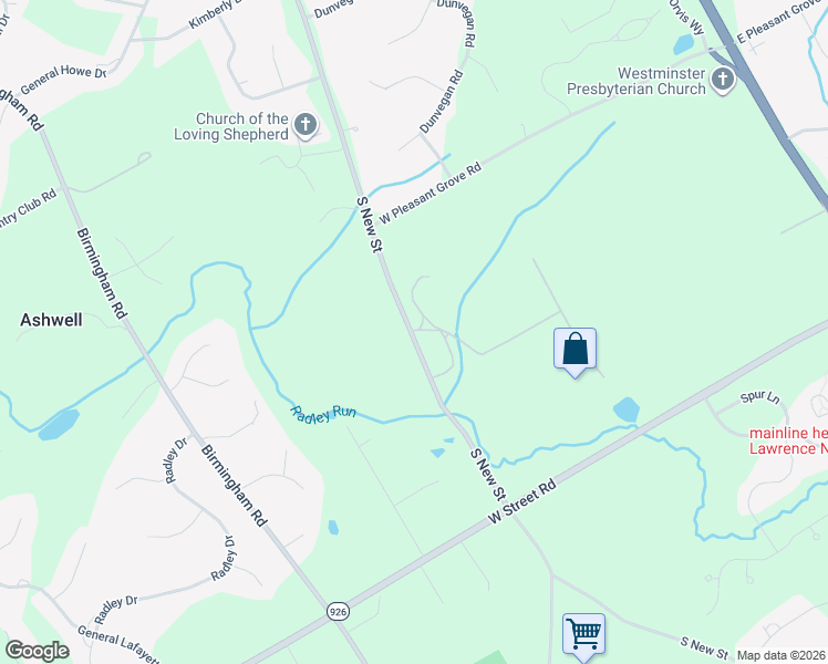 map of restaurants, bars, coffee shops, grocery stores, and more near 1129 South New Street in West Chester