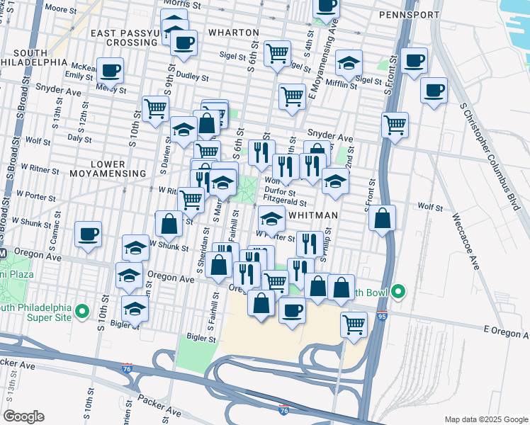 map of restaurants, bars, coffee shops, grocery stores, and more near 2409 South Orkney Street in Philadelphia