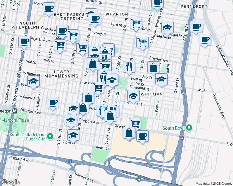 map of restaurants, bars, coffee shops, grocery stores, and more near 2420 South Fairhill Street in Philadelphia