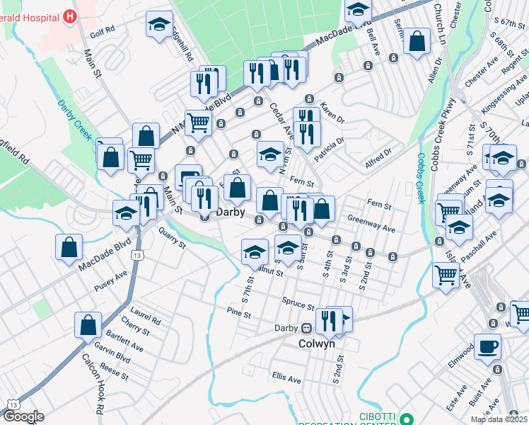 map of restaurants, bars, coffee shops, grocery stores, and more near 9 Summit Street in Darby