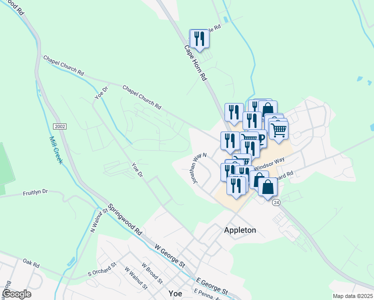 map of restaurants, bars, coffee shops, grocery stores, and more near 7 Chapel Way in Red Lion
