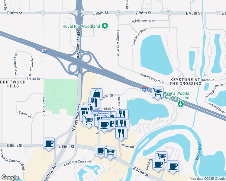 map of restaurants, bars, coffee shops, grocery stores, and more near 9200 Keystone Crossing in Indianapolis