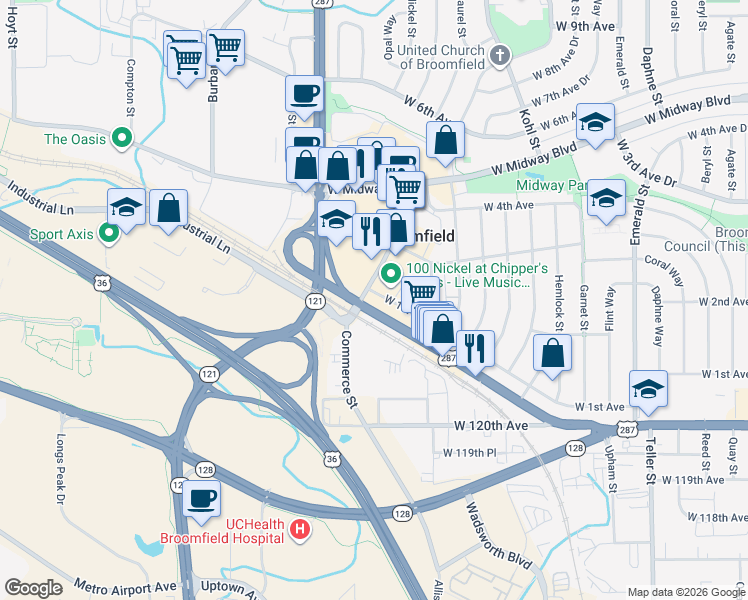 map of restaurants, bars, coffee shops, grocery stores, and more near 1551 U.S. 287 in Broomfield