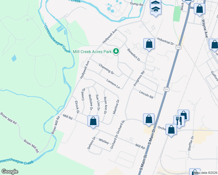 map of restaurants, bars, coffee shops, grocery stores, and more near 381 Martina Drive in Chambersburg