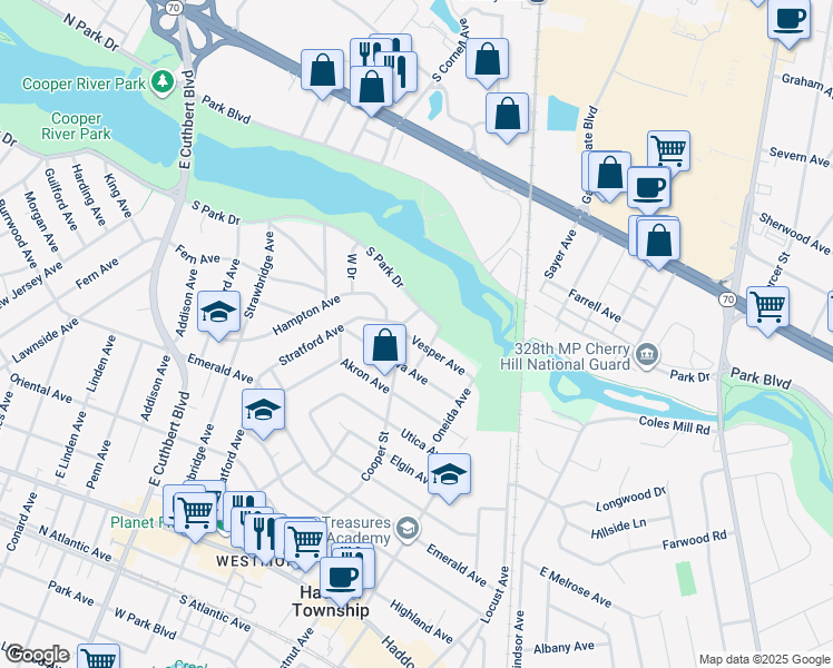 map of restaurants, bars, coffee shops, grocery stores, and more near 105 Vesper Avenue in Haddon Township