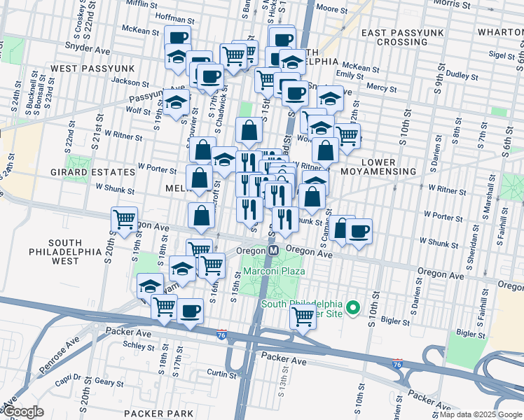 map of restaurants, bars, coffee shops, grocery stores, and more near 1419 West Shunk Street in Philadelphia