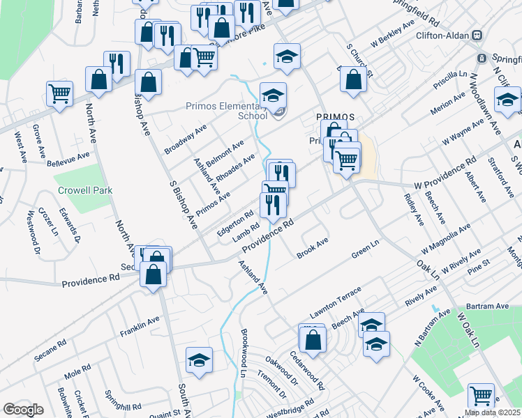 map of restaurants, bars, coffee shops, grocery stores, and more near 1000 Lamb Road in Upper Darby