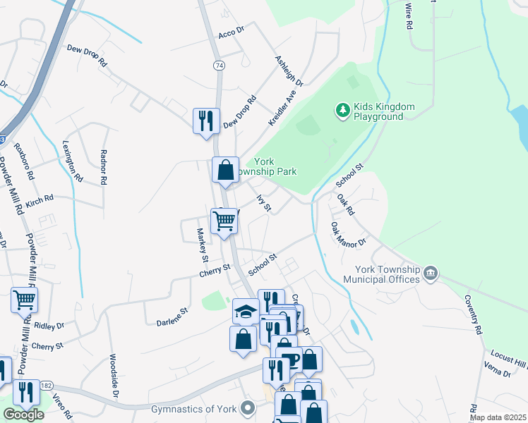 map of restaurants, bars, coffee shops, grocery stores, and more near 2458 Schultz Way in York