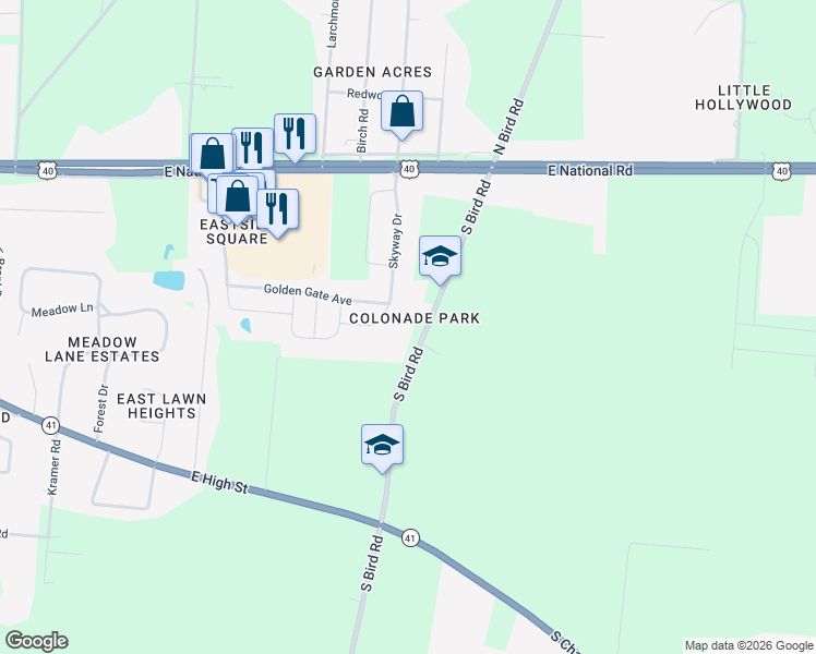 map of restaurants, bars, coffee shops, grocery stores, and more near 315 South Bird Road in Springfield