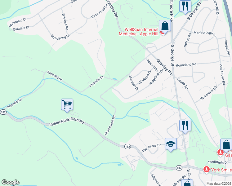 map of restaurants, bars, coffee shops, grocery stores, and more near 214 Ridgefield Drive in York