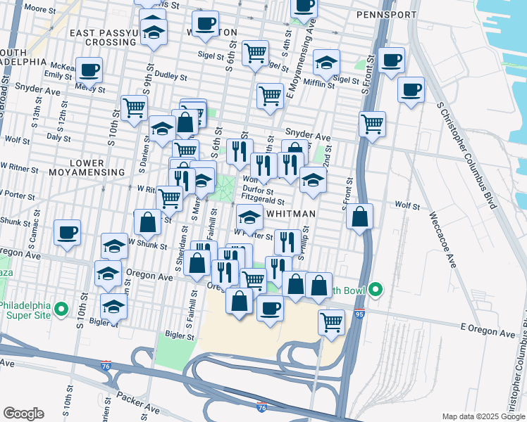 map of restaurants, bars, coffee shops, grocery stores, and more near 356 West Ritner Street in Philadelphia