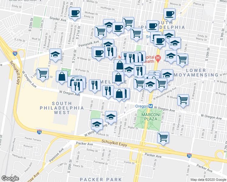 map of restaurants, bars, coffee shops, grocery stores, and more near 2615 South Colorado Street in Philadelphia