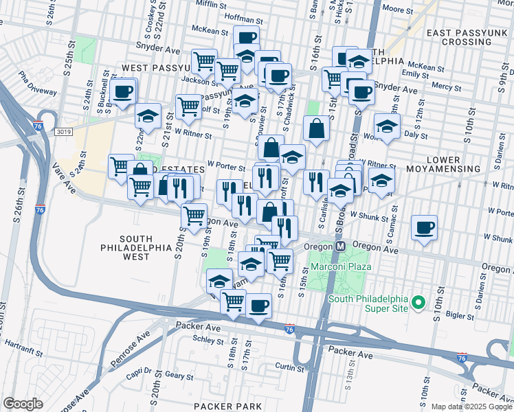 map of restaurants, bars, coffee shops, grocery stores, and more near 2615 South Colorado Street in Philadelphia