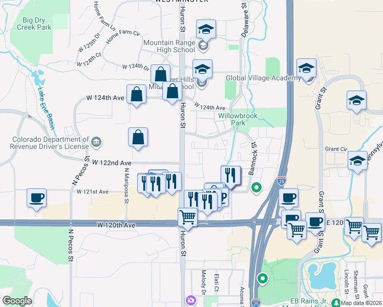 map of restaurants, bars, coffee shops, grocery stores, and more near 12173 Melody Drive in Westminster
