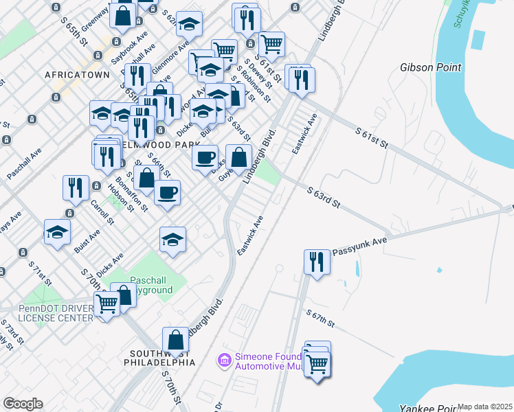 map of restaurants, bars, coffee shops, grocery stores, and more near 2840 South Simpson Street in Philadelphia
