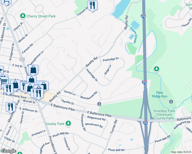 map of restaurants, bars, coffee shops, grocery stores, and more near 812 Parkridge Drive in Media